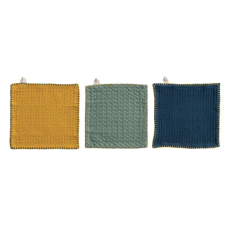 Torchon en coton sur une planche de bois de manguier, Jaune / Vert / Bleu