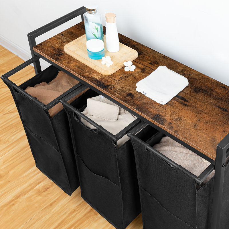 Wood Rolling Laundry Basket with Handles, Black/Rustic Brown