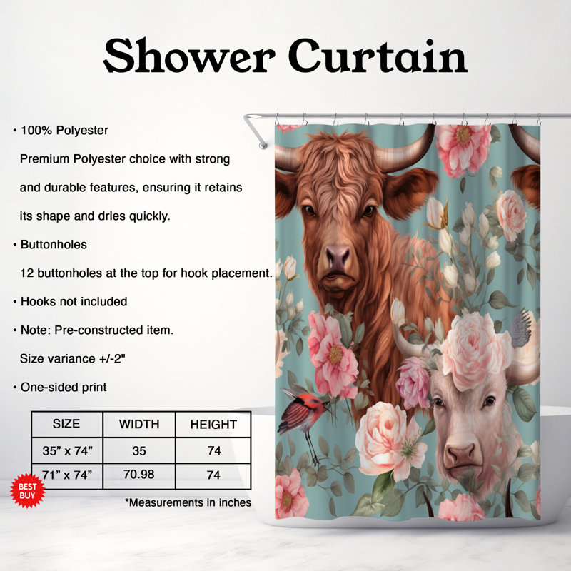 Rideau de douche Highland Cow - Premium, H 74 po x l 71 po
