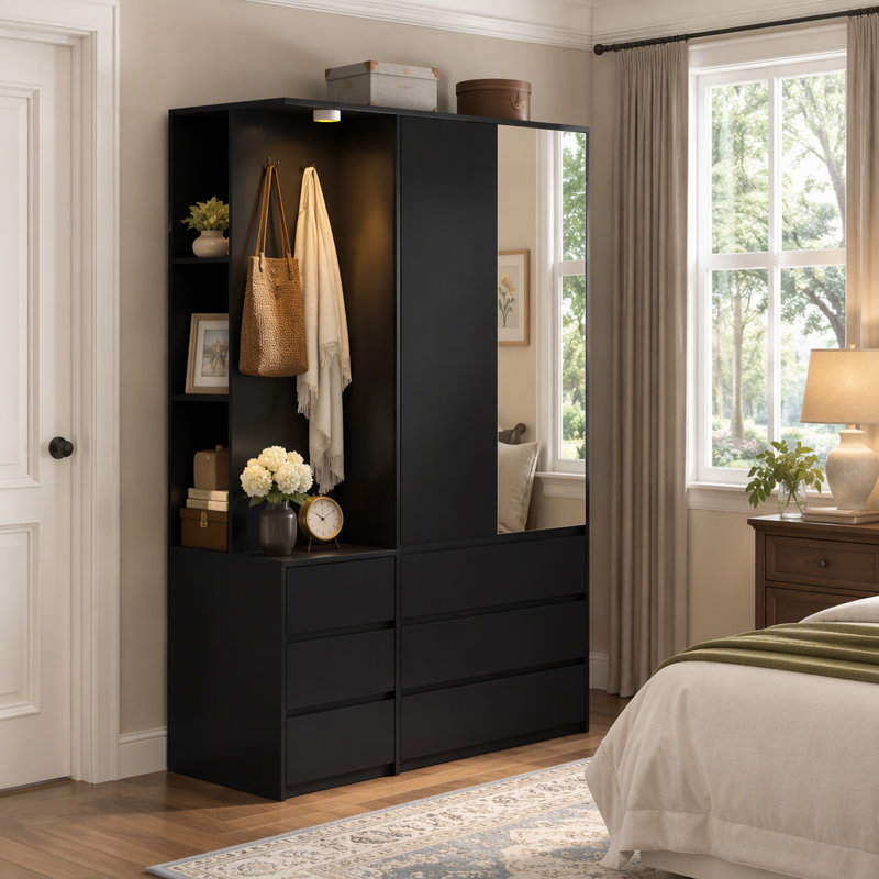 Armoire-penderie moderne en bois avec six tiroirs et une tringle pour un rangement efficace dans la chambre