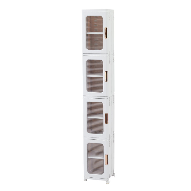 4 Tier Folding Stackable Storage Box, Stackable Storage Drawers On Wheels, Bathroom Floor Cabinet With Doors