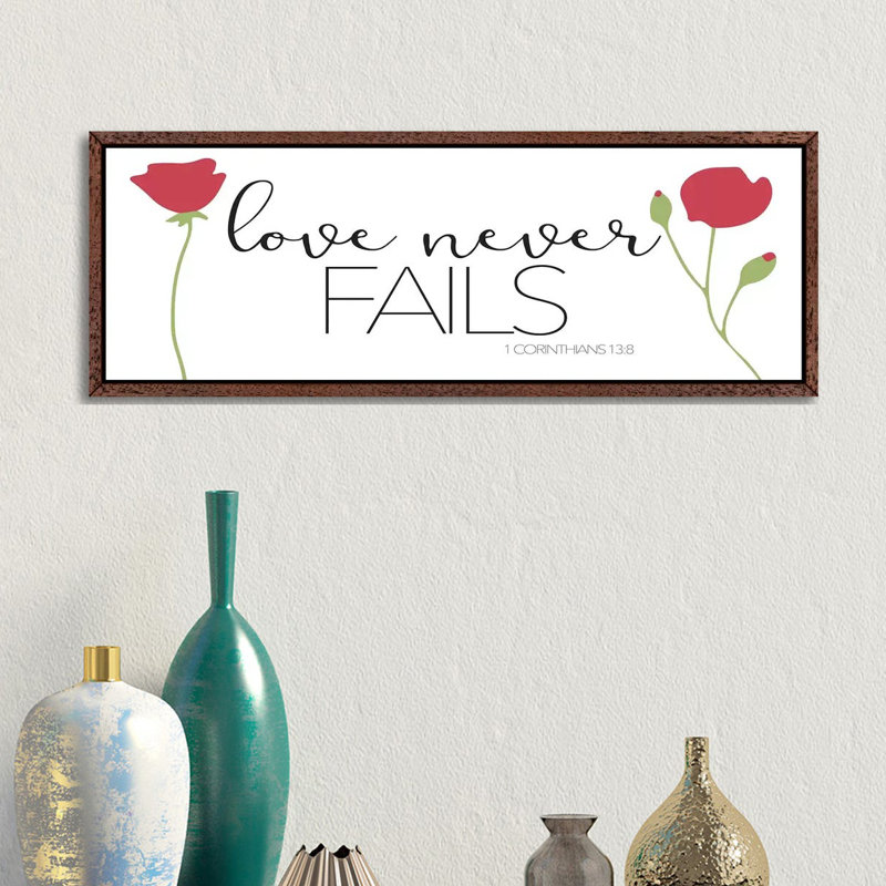 Love Never Fails 1 Piece Panoramic Wall Art on Canvas, 30.48cm H x 91.44cm W x 3.81cm D, Classic Brown Wood Floater Framed