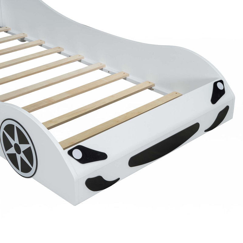 Race Car-Shaped Platform Bed With LED And Upholstered Backrest, White