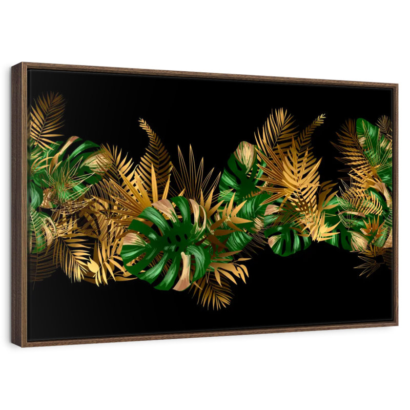Feuilles dorées et vertes, 19 po x 13 po, Cadre flottant en noyer
