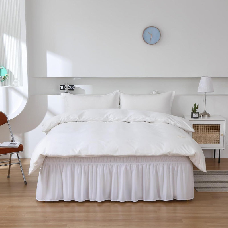 Wrap Around Bed Skirt Three Fabric Sides Elastic Dust Ruffled Tailored Drop,Easy To Install Fade Resistant, Queen/King