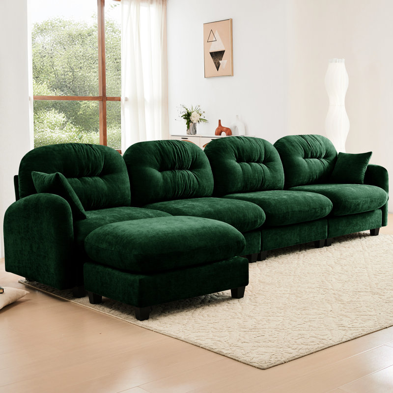 4 canapé modulaire en L en chenille avec plis, courbe ergonomique et repose-pieds mobile, Vert