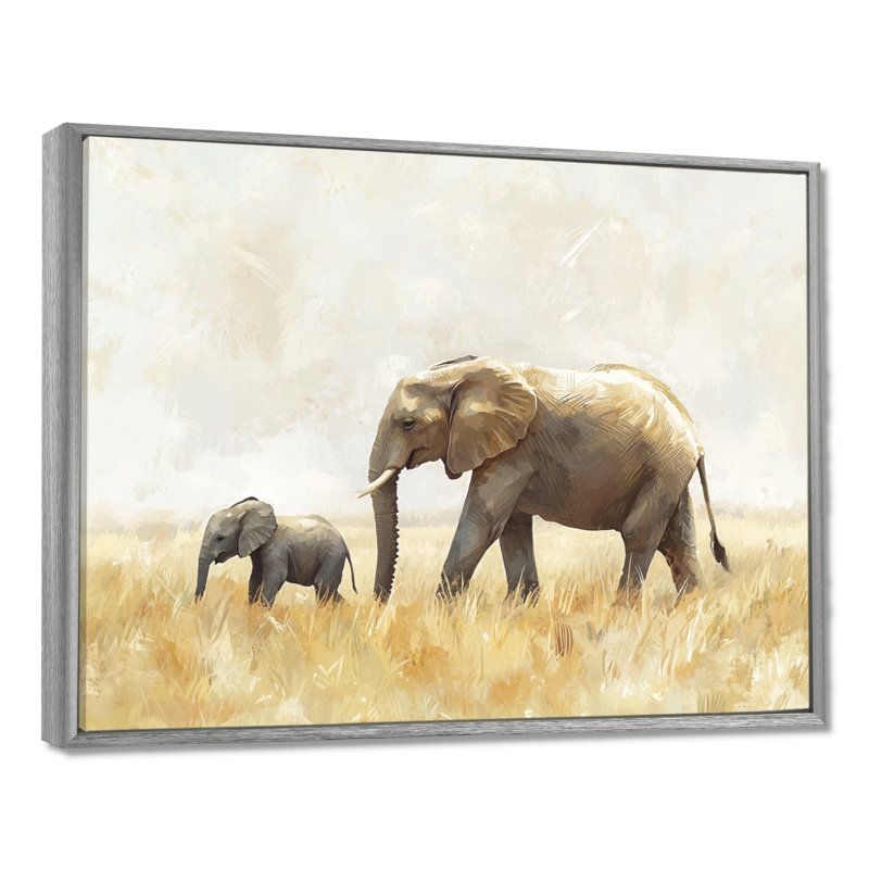 Éléphant avec son bébé en Afrique - Éléphant, art mural, Argent argent, H 34 po x l 44 po, Impression encadrée flottante