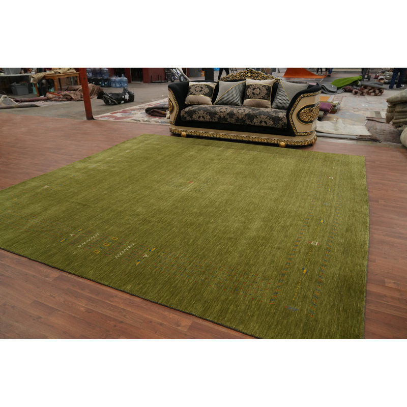Tapis carré carré vert de style Gabbeh 12 x 12