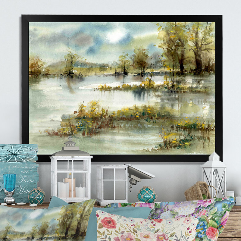 " Landscape With Pond ", Black Picture Framed, 12" H x 20" W x 1" D