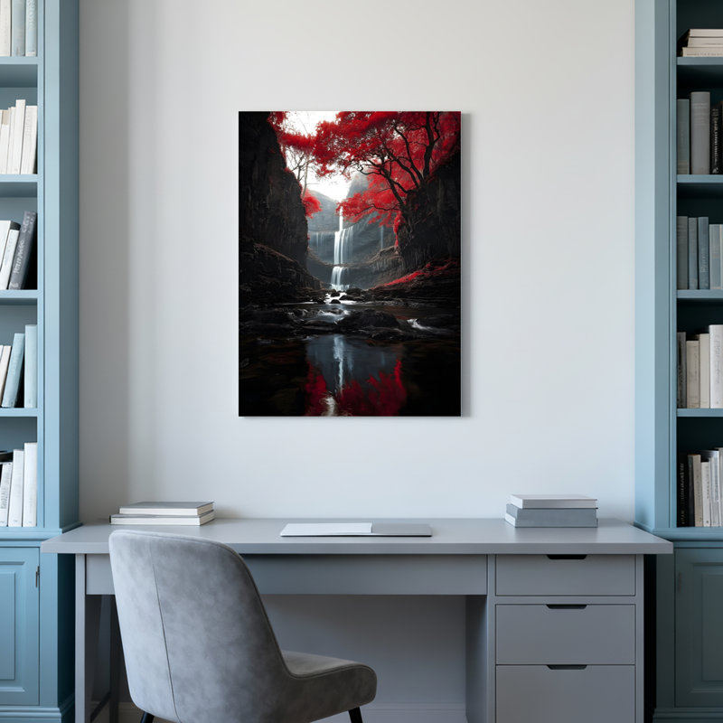 Ensemble d'une toile tendue représentant un paysage d'automne avec arbres rouges et cascade, H 18 po x l 12 po
