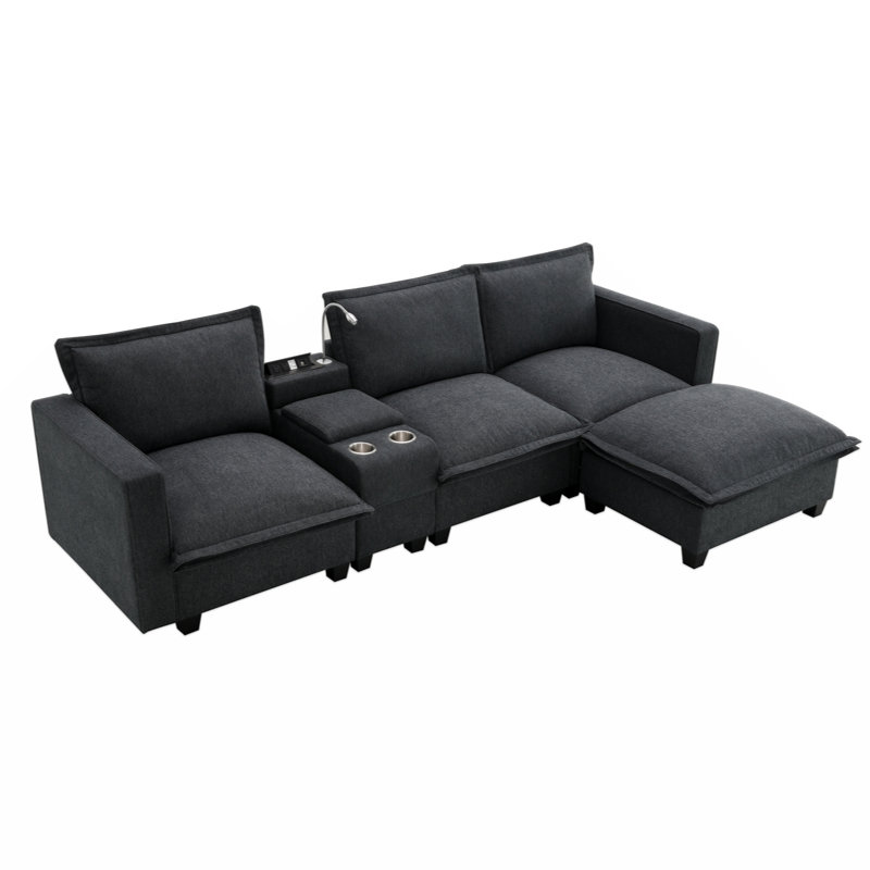 Modular Cloud Sectional | 4-Seat Sofa with Console, USB Charger, Reading Light & Cup Holders for Living Room, Gray Chenille