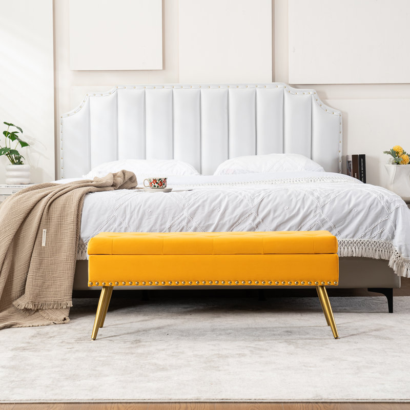 Renata Velvet Upholstered Storage Bench with Nailhead Trim, Mustard