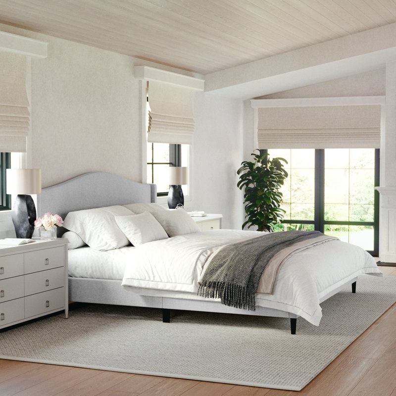King Gray Linen Upholstered Platform Bed with Curved Headboard