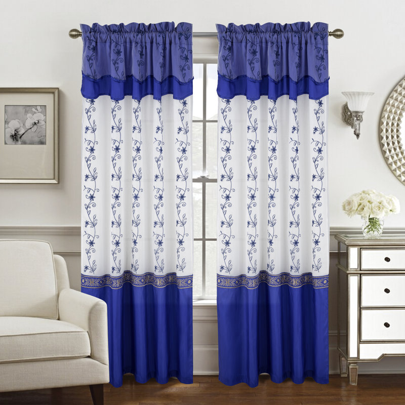 Panneau de rideau de fenêtre brodé avec cantonnière Priscilla, Bleu