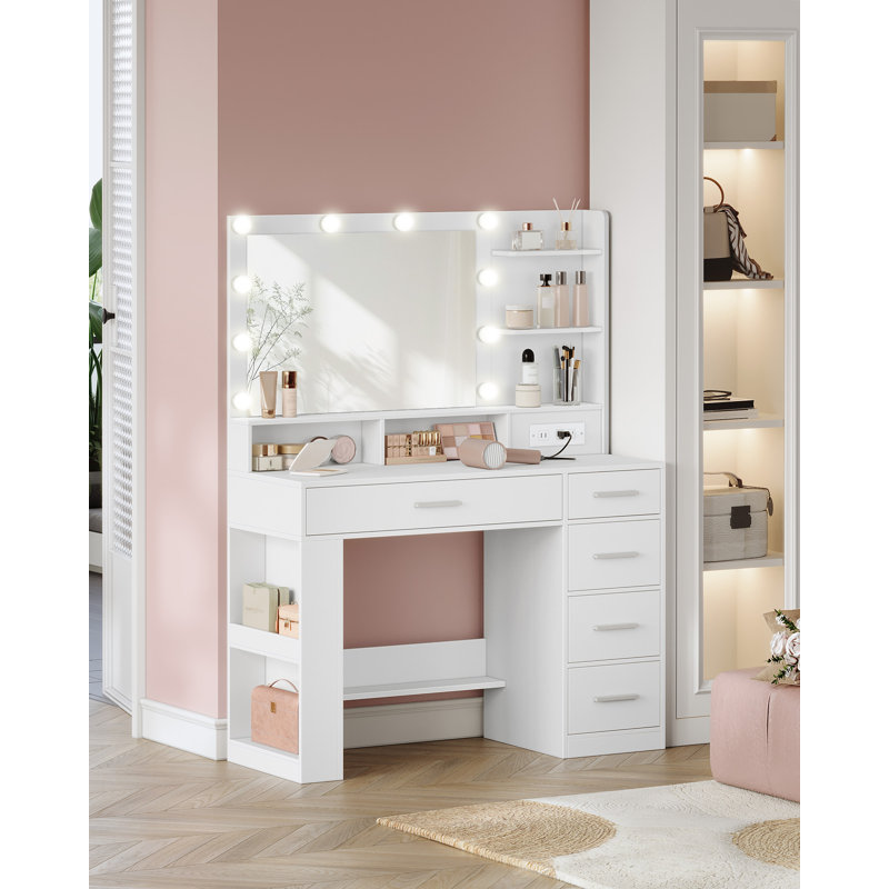 Vanity Desk with Large HD Mirror, Makeup Vanity with Led Lights, Dressing Table with Power Strip, 6 Storage Shelves, 5 Drawers and Side Open Storage, Simple, White