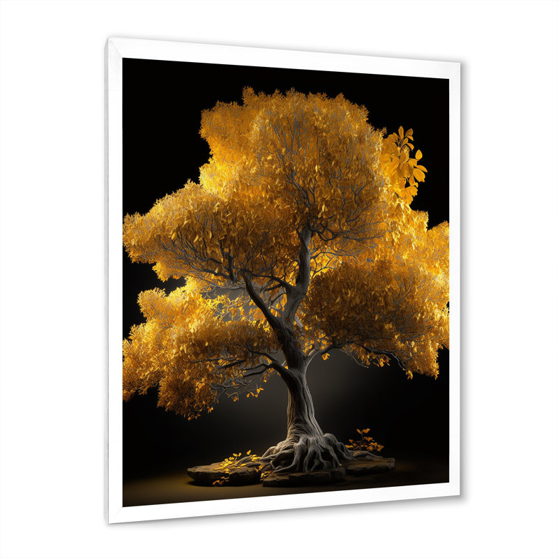 Arbre d'or jaune majestueux sur toile, Cadre photo blanc, H 32 po x l 24 po x P 1 po