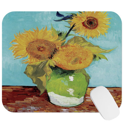 Floral Vincent Van Gogh's Vase with Three Sunflowers Floral Bouquet Gaming Cute Office Laptop Desk Pad Gift Mat Square Rectangle Non-Slip Mousepad