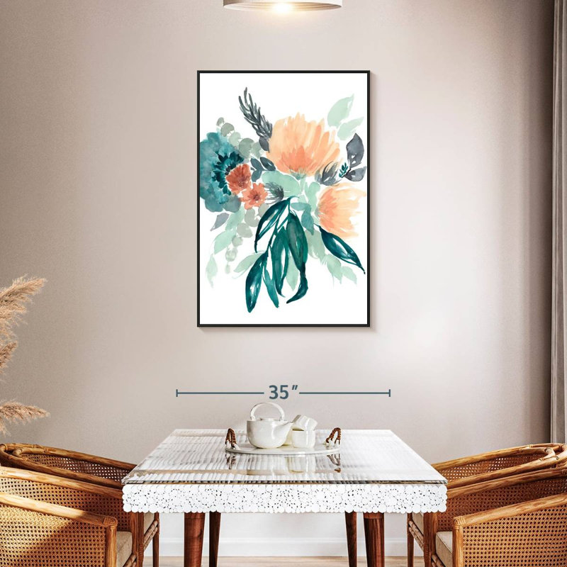 Bleu sarcelle et bouquet de pêche I, Cadre flottant noir, 29 po x 43 po