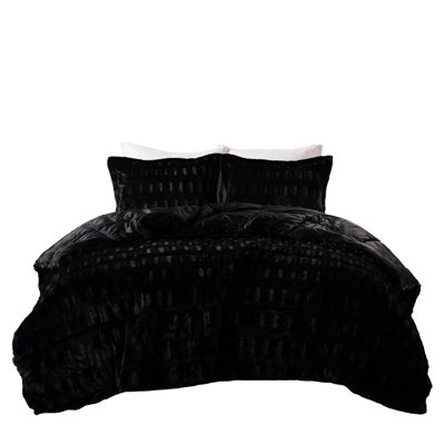 Édredon en fausse fourrure unie simple noir / simple TG, 2 taies décoratives avec bride - pouces, rembourrage, sécher par culbutage séparément à basse température
