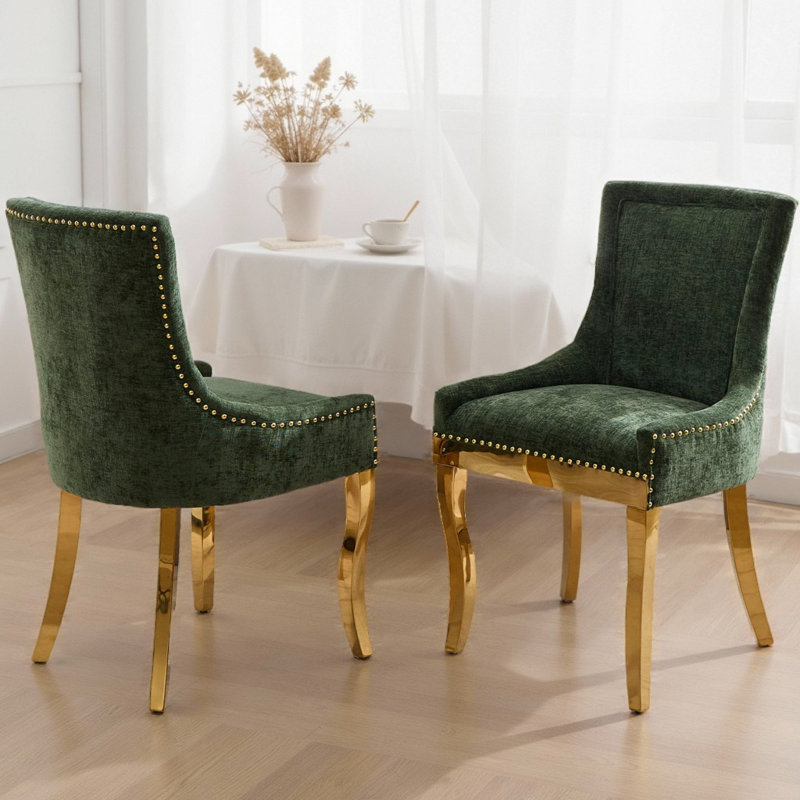 Ensemble de 2 chaises de salle à manger modernes 2 pièces, garniture en chenille avec pieds plaqués or et garniture de rivet