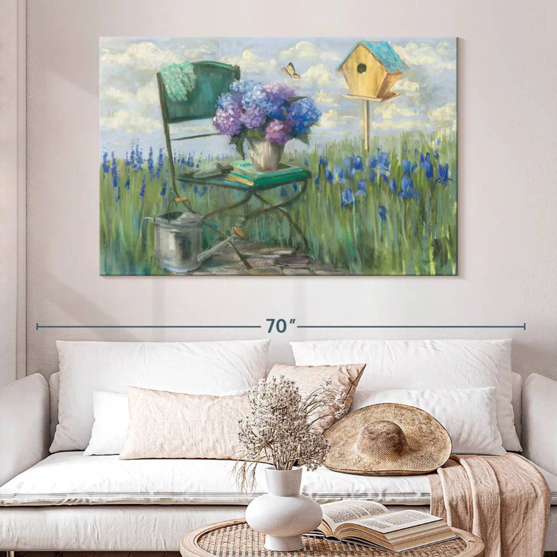 Chaise Senne verte avec hortensia, H 34 po x l 51 po
