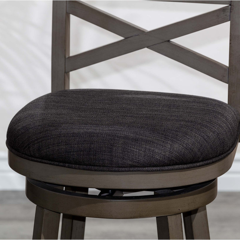 Tabouret pivotant à dossier en X de 30 po de hauteur, gris vieilli, assise en tissu gris anthracite