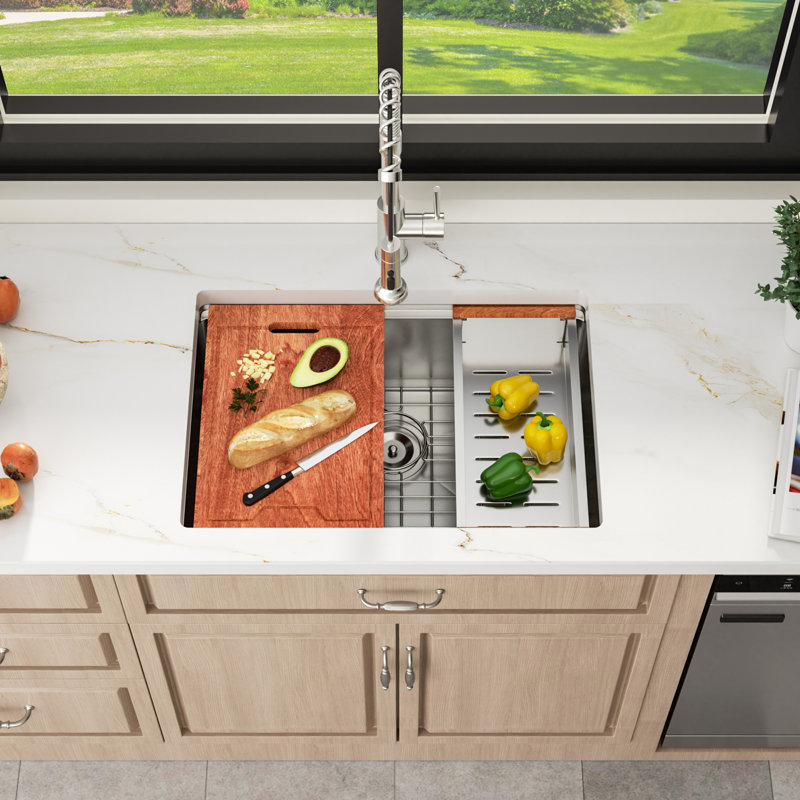 27" L x 19" W Undermount Kitchen Sink Workstation 16 Gauge Stainless Steel Single Bowl with Workflow Ledge and Accessories