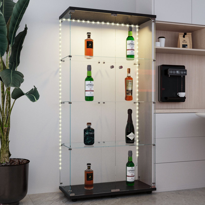 Abbott 65.59" Tall Glass Display Abbott with LED Lights&Rolling Wheels, Curio Glass Abbott with 4 Shelves with 2 Door, Quick-Install Style Floor Standing Bookshelf File Abbott for Home Office