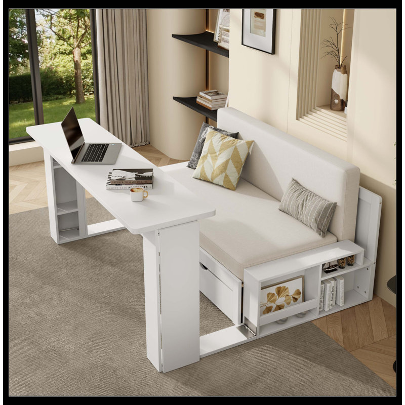 Full Size Daybed With Removable Desk, Storage Drawers & Hydraulic Side Table, White, White