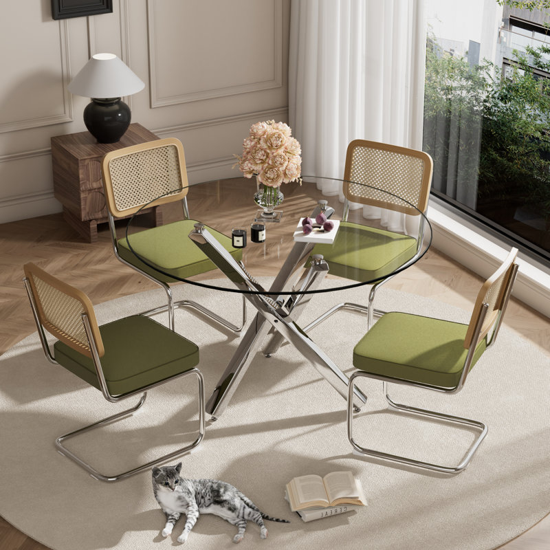 1 Tempered Glass Top Dining Table and 4 Velvet Cantilever Chairs, Green, 29.52"H x 39.37"L x 39.37"W