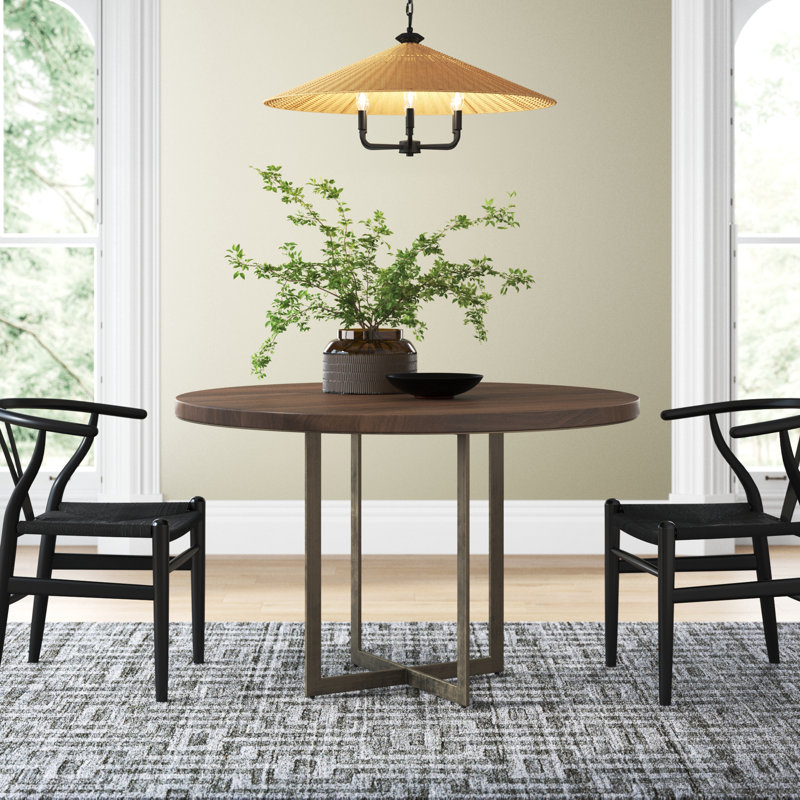 Tulane Round Solid Wood Top Metal Base Dining Table, Brown, Dark Brown
