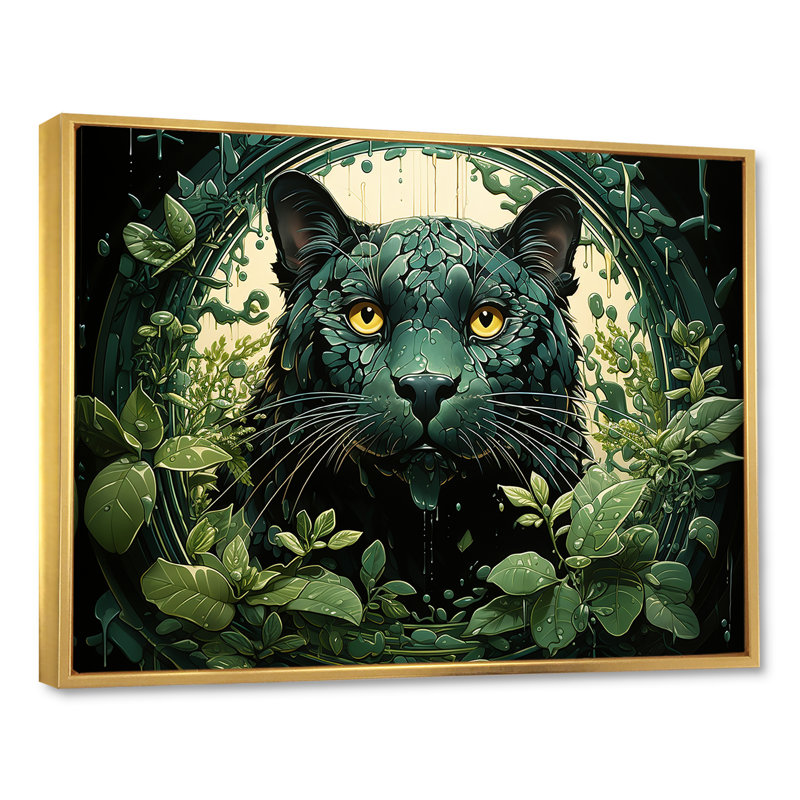 Joyeux jaguar dans la jungle I - salon d'art léopard / guépard_106804, H 16 po x l 32 po x P 1 po, Cadre flottant doré