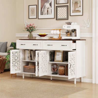 Vintage Sideboard Buffet Cabinet with Hand-Carved Geometric Doors, Distressed Wood Finish, and Ample Storage for Dining and Living Spaces