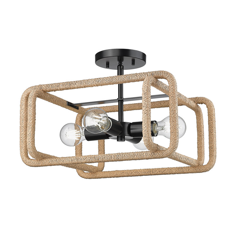Plafonnier semi-encastré 4 lumières Deltana en noir mat avec corde en raphia naturel