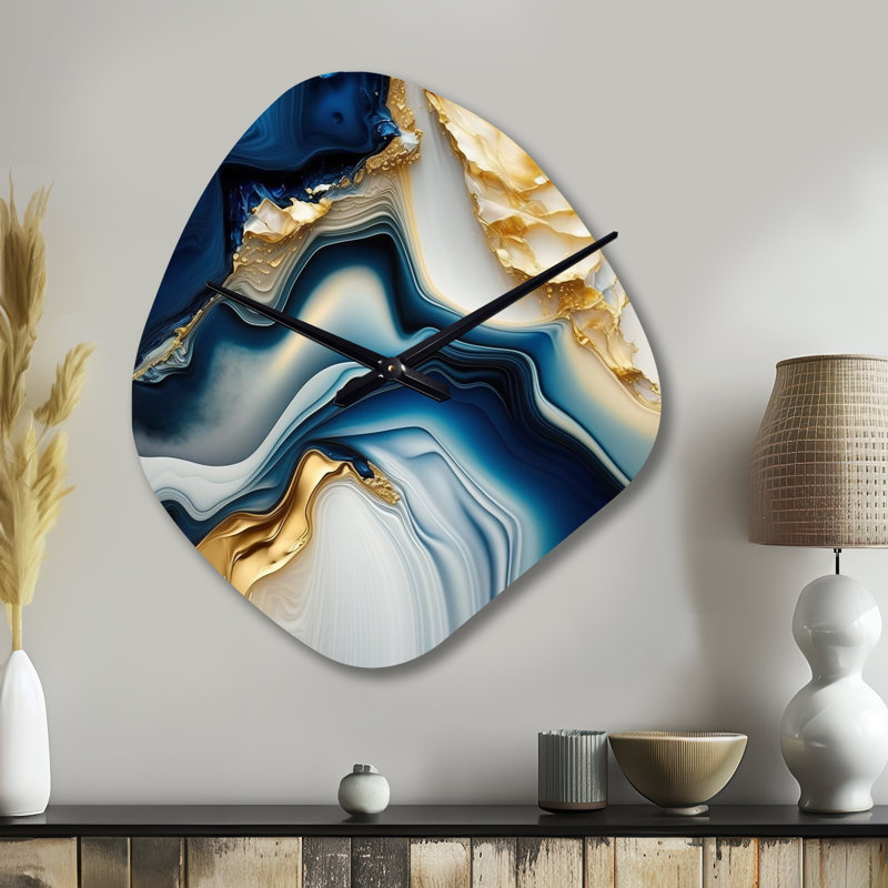 Abstract Geode Gold And Blue Marble II - Nebula Shape Unique Abstract Marble Wall Clock, Small