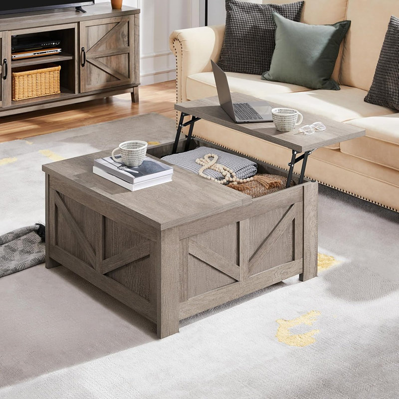 Table basse, table basse carrée de style campagnard avec compartiment de rangement caché, table centrale en bois pour le salon, bureau personnel, gris