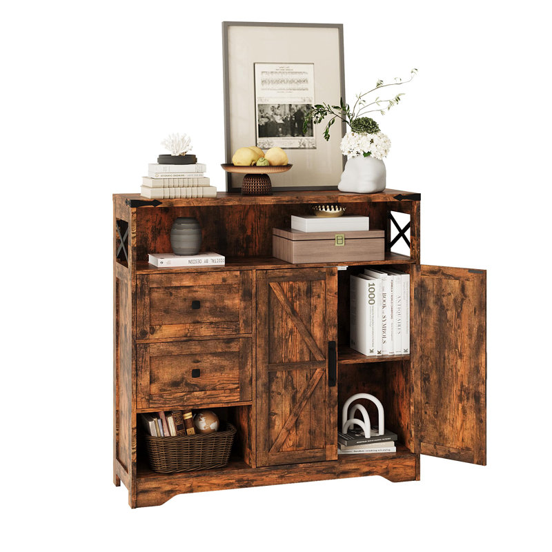 Farmhouse Storage Cabinet With Drawers And Open Storage, Brown