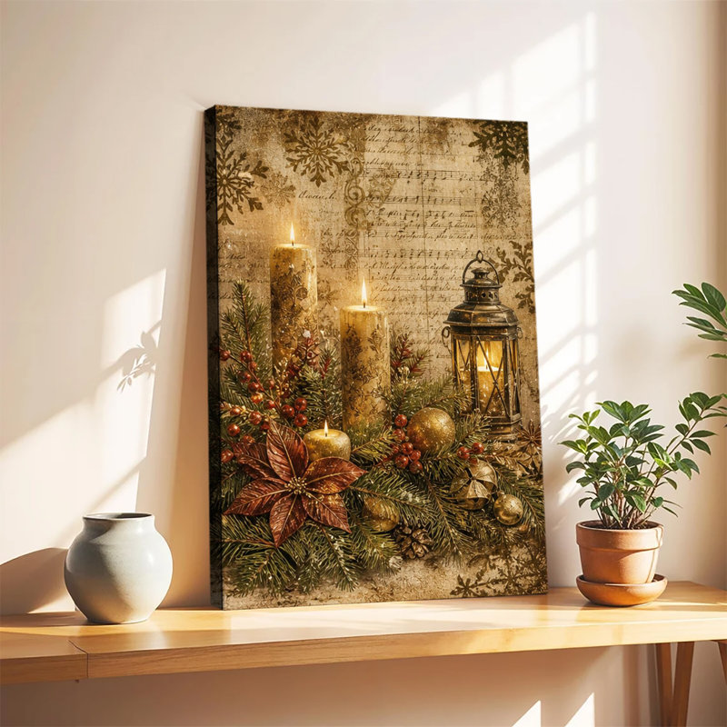 Bougies de Noël vintage et lanterne rustique avec pin et baies, fond de partition musicale ancienne, décoration murale hivernale sur toile
