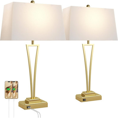 Ensemble de 2 lampes de table dorées pour le salon, grandes lampes de chevet en métal de 30,5 po de haut avec ports USB A + C, lampes de chambre modernes avec abat-jour rectangulaire blanc pour table de bout de table de chevet