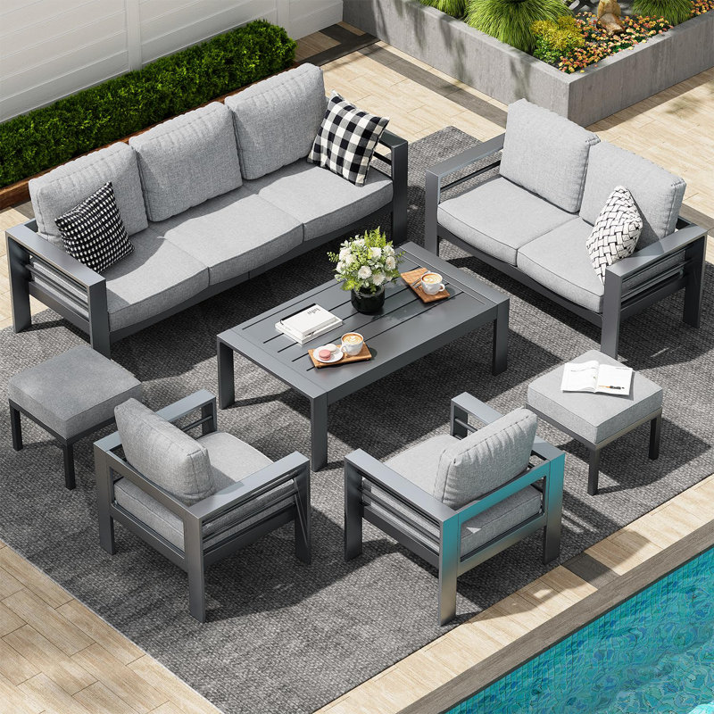 Modern Outdoor Patio Furniture With Coffee Table And Fire Pit, Light Gray, Black