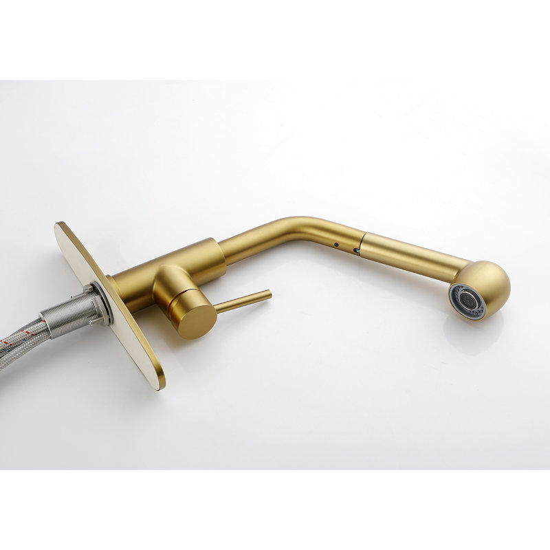 Robinet d'évier de cuisine à poignée simple en or brossé avec douchette extractible - 360 tours, deux réglages de débit d'eau pour diverses applications, finition rouille et corrosion, conception simple, poignée en acier inoxydable