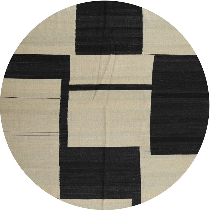 Tapis noir/beige contemporain, Rond 7 pi