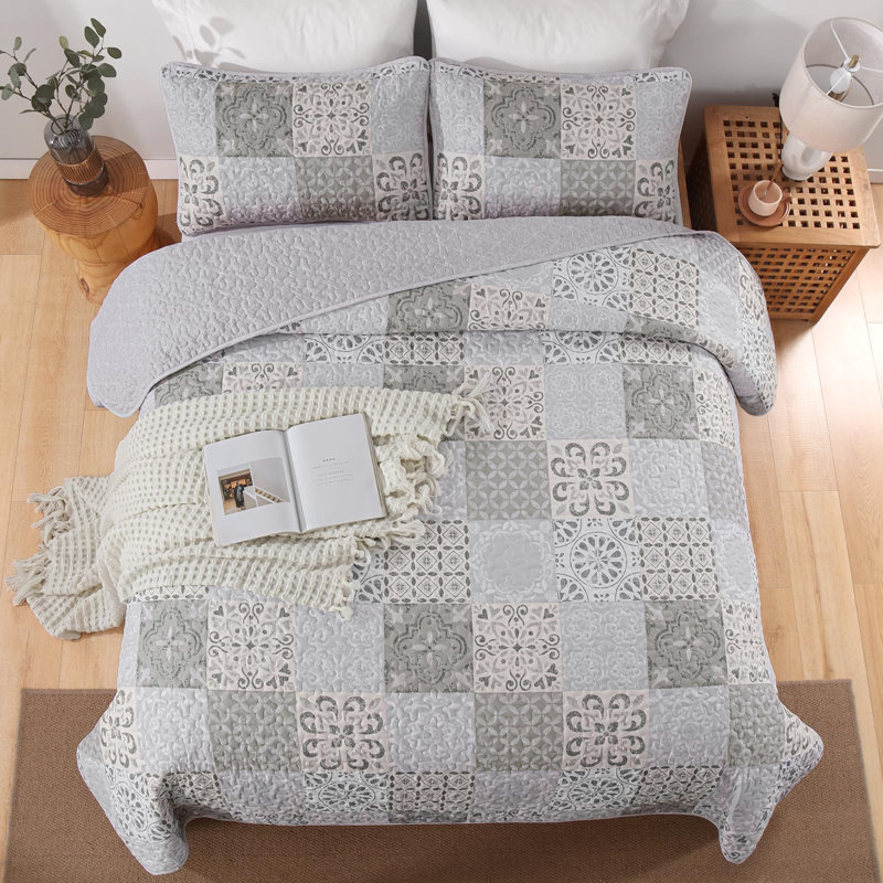 Ensemble de courtepointe 3 pièces Patchwork Boho, Courtepointe pour lit grand + deux taies décorati
