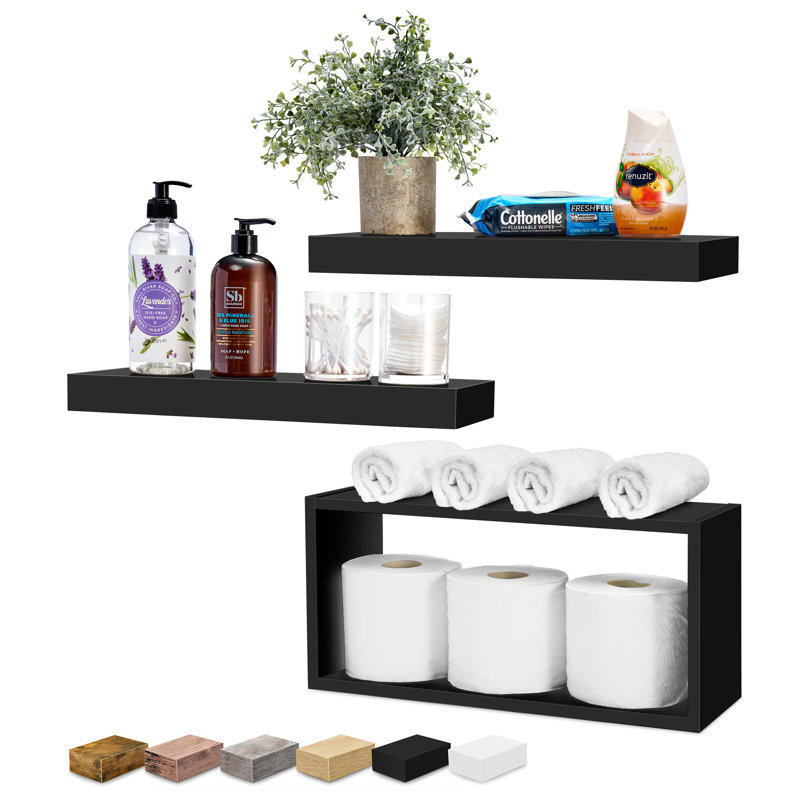 Black Wood Floating Wall Shelves Set for Living Room and Bathroom
