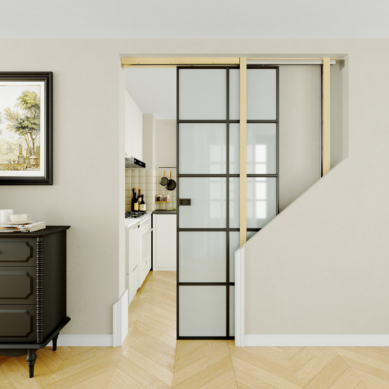 Porte coulissante à galandage 30x80 en aluminium noir avec cadre, serrure et fermeture amortie, porte à galandage 10 carreaux en verre trempé dépoli, porte en métal finition noire, porte de chambre, porte de chambre moderne haut de gamme