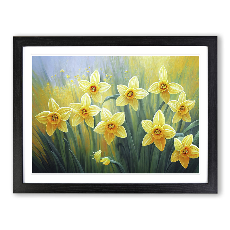 Eye Opening Daffodil Flowers - Single Picture Frame Painting, 46cm H x 64cm W x 2cm D, Black