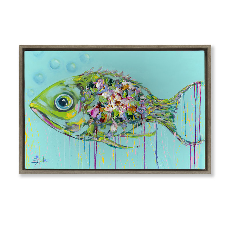  «Painterly Drip Fish» par Estelle Grengs, H 21 po x l 31 po, Cadre flottant orme Montalcino
