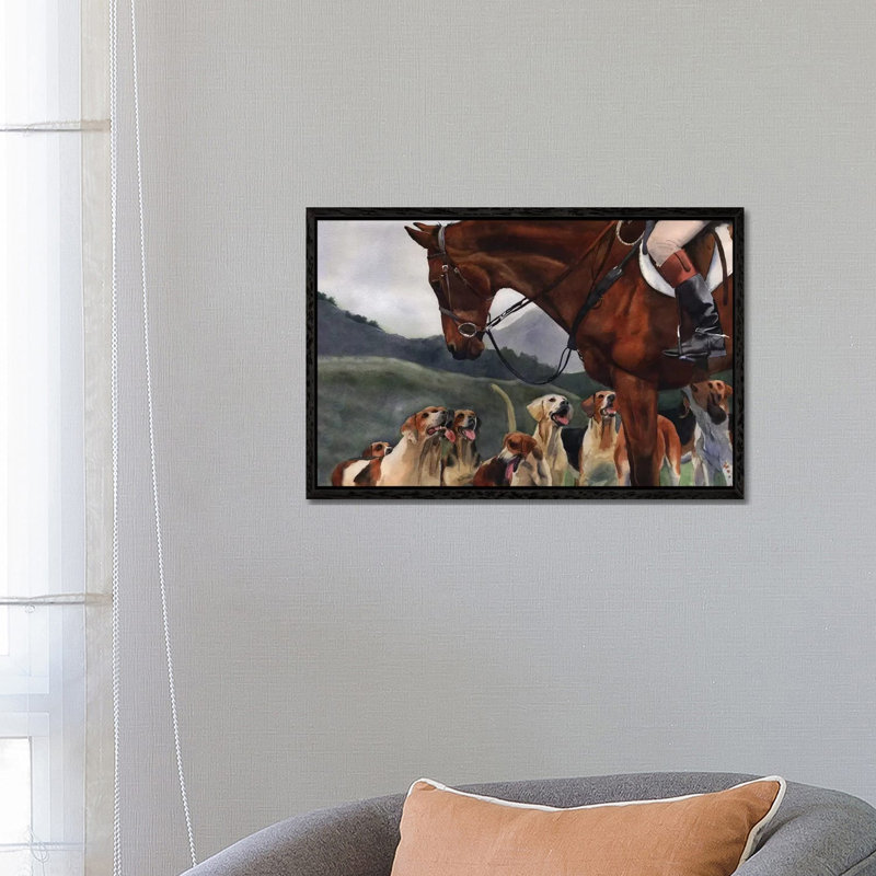 Hunt Horse Hounds by Rachel Parker - Painting on Canvas, 45.72cm H x 66.04cm W x 3.81cm D, Black Framed