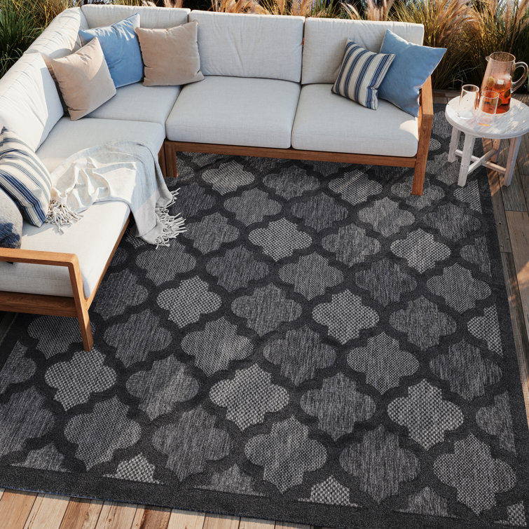 Adianey Red Barrel Studio Easy Care Trellis Charcoal/Black Indoor/Outdoor Area Rug