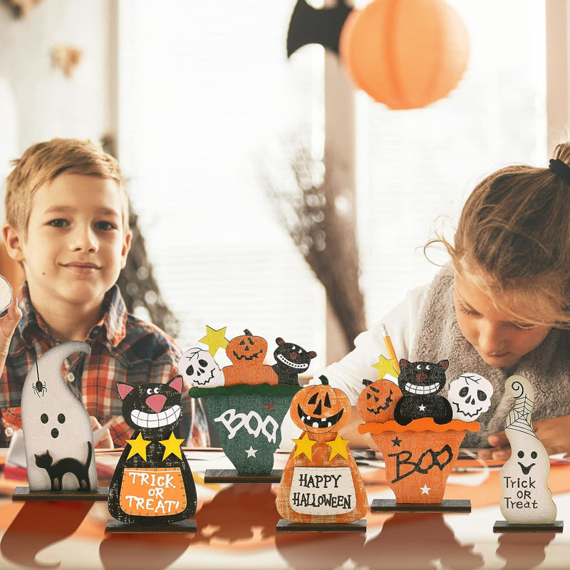 Rustic Wooden Halloween Figurines Set with Black Cat and Pumpkin Monster